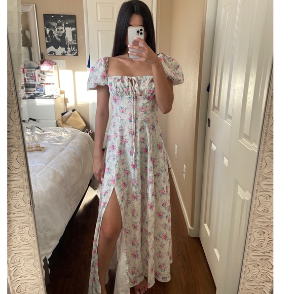 Puff Sleeve High Slit Floral Print Dress - Picture 1 of 9